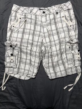 White Plaid Cargo Shorts with Multi-Pocket Utility Design